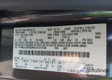 2019 Ford Escape Sel z USA, uszkodzony, nr VIN 1FMCU9HD8KUC31104